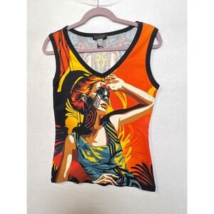 Custo Barcelona Womens Pop Art Graphic Tank Top V-Neck Cotton Multicolor L Y2K